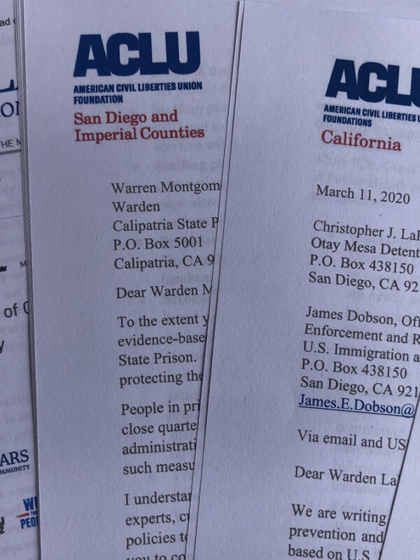 Letters sent to various organizations and institutions authored by ACLU-SDIC and others.