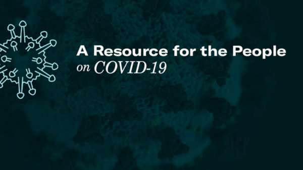 An illustrated version of a COVID-19 virus with text that reads: "A Resource for the People on COVID-19"