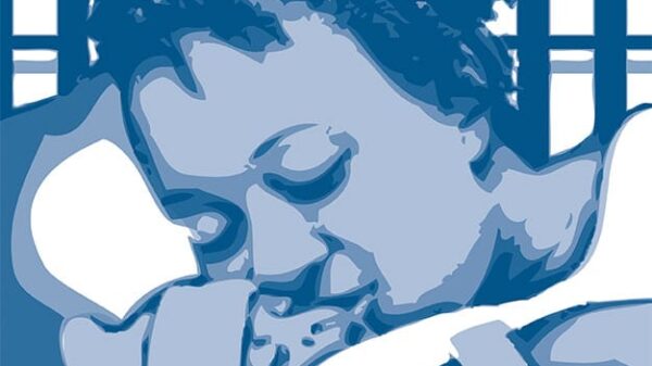 A stylized image of a woman with short twisted hair kissing a baby in a beanie.