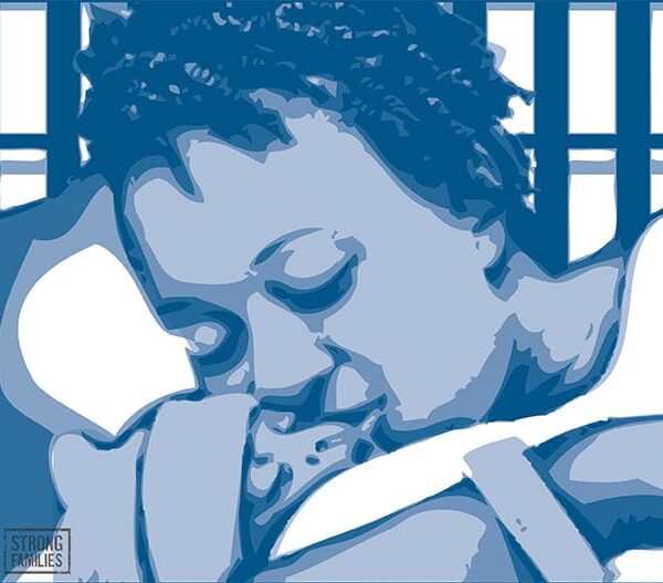 A stylized image of a woman with short twisted hair kissing a baby in a beanie.