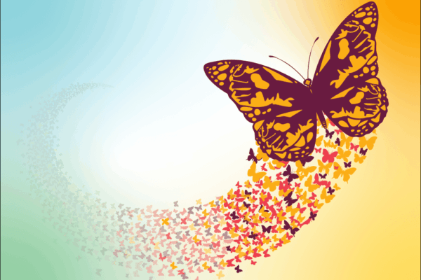 A digital illustration of a monarch butterfly followed by a swarm of other butterflies