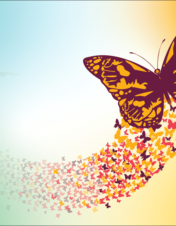 A digital illustration of a monarch butterfly followed by a swarm of other butterflies