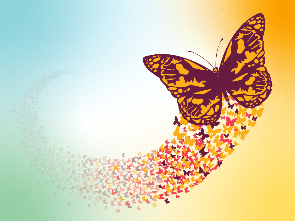 A digital illustration of a monarch butterfly followed by a swarm of other butterflies
