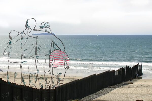Sketch outline of four youth walking on the Mexico side of the border wall on the Pacific Ocean
