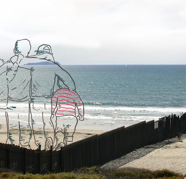 Sketch outline of four youth walking on the Mexico side of the border wall on the Pacific Ocean