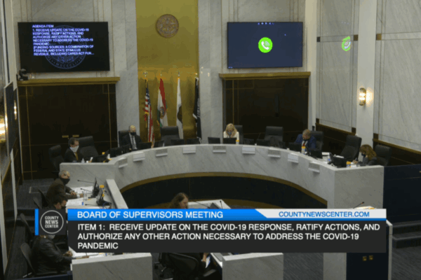 Screenshoot of The San Diego County Board of Supervisors with masks on conducting a virtual meeting