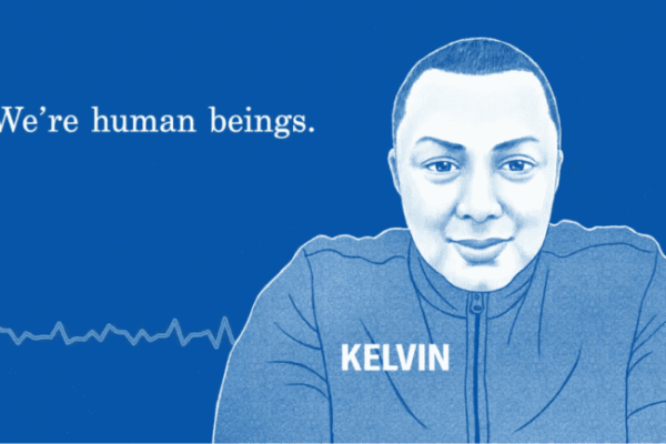 Screenshot of an ACLU Southern California YouTube Video with an illustration of Kelvin saying 'We're human beings.'