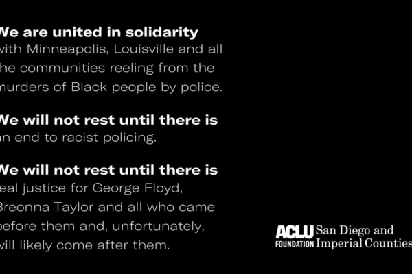 White text on a black background that reads: We are united in solidarity with Minneapolice, Louisville and all the communities reeling from the murders of Black people by police. We will not rest until there is an end to racist policing. We must not rest.