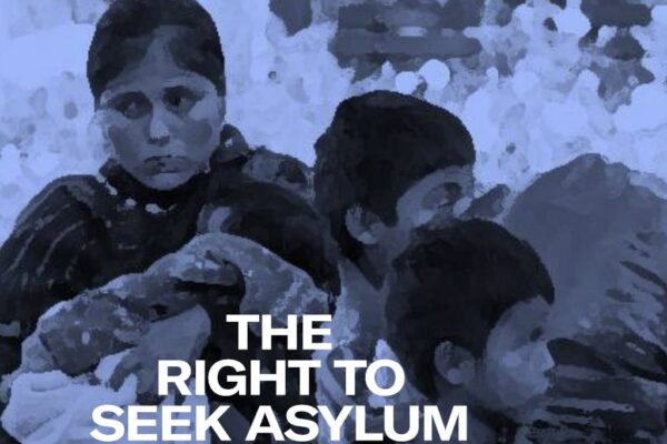 Stylized image of a family unit (woman holding `a bundled baby and two school-aged children,