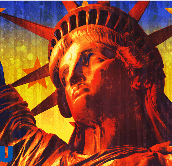 A stylized image of the Statue of Liberty in a yellow and orange hue. The background is a blue gradient to yellow with orange stars on it. A blue ACLU logo is on the bottom left of the image