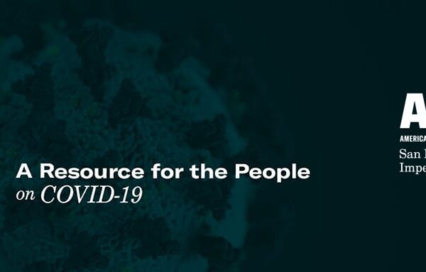 An illustrated version of a COVID-19 virus with text that reads: "A Resource for the People on COVID-19"