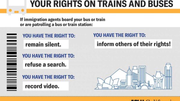 Image made to look like a transportation ticket with information on people's rights on trains and buses. Text: Your Rights on Trains and Buses. If Immigration agents board your bus or train or are patrolling a bus or train station:You have a right to rema