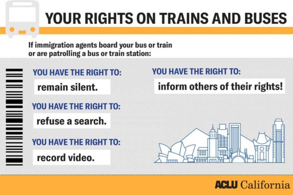 Image made to look like a transportation ticket with information on people's rights on trains and buses. Text: Your Rights on Trains and Buses. If Immigration agents board your bus or train or are patrolling a bus or train station:You have a right to rema