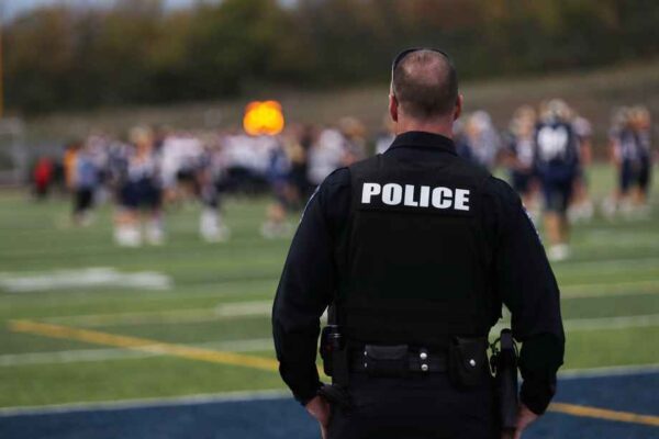 Back of a Police Officer overlooking what appears to be an out of focus football field.