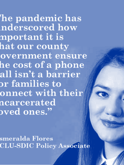 Photo of a woman with a quote on the left side and a blue overlay