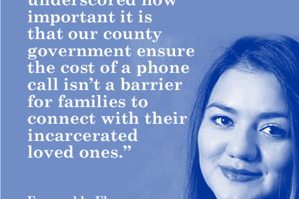 Photo of a woman with a quote on the left side and a blue overlay