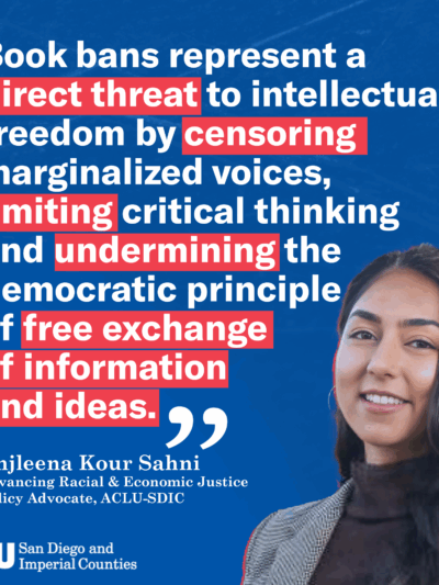 Graphic with blue background. White quote text with quote from testimony.