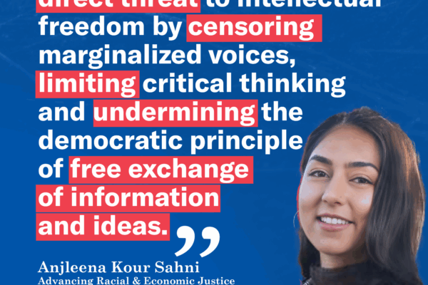 Graphic with blue background. White quote text with quote from testimony.