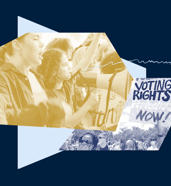 Graphic with photo of person with a megaphone and protest sign saying "Voting Rights Protect Now"