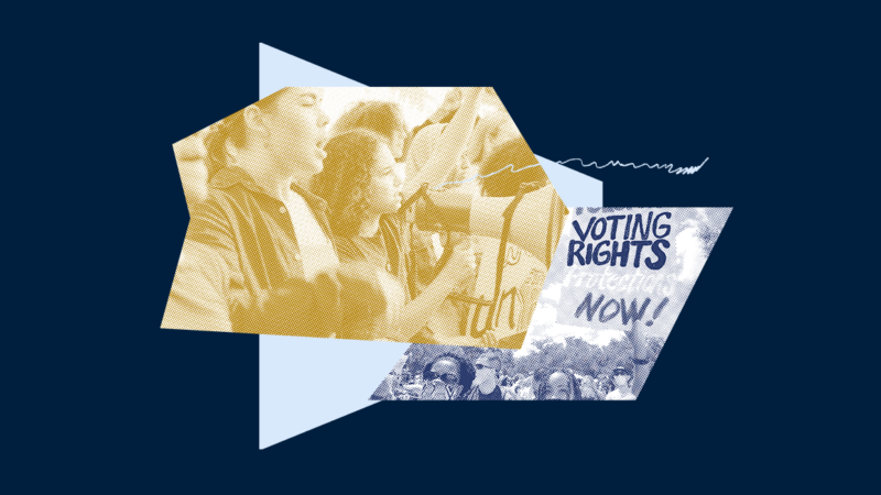 Graphic with photo of person with a megaphone and protest sign saying "Voting Rights Protect Now"