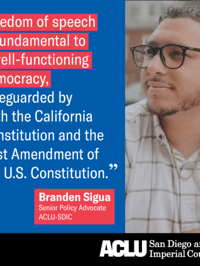 Graphic with blue background. White quote text with quote from testimony.