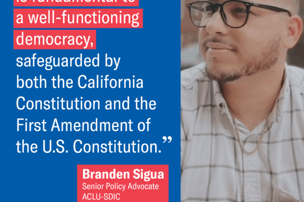 Graphic with blue background. White quote text with quote from testimony.