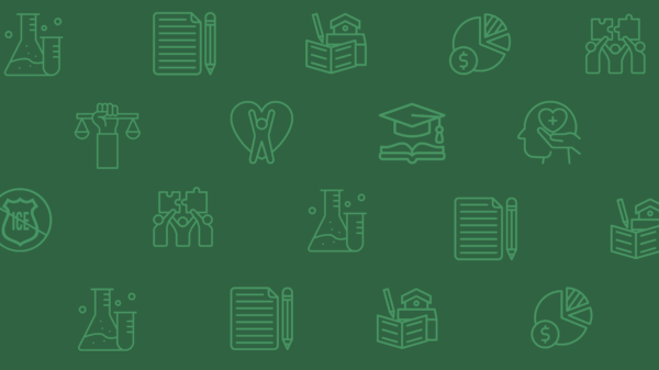 dark green background with lighter green icons of different school related things