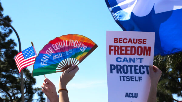 Hand holding rainbow fan that says "Fan of Equal Rights". Another sign says "Because Freedom Can't Protect Itself".