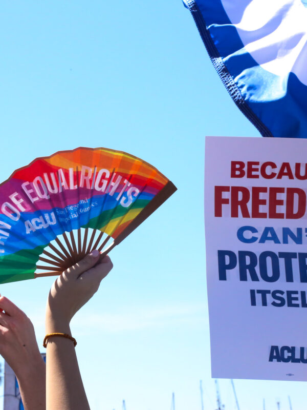 Hand holding rainbow fan that says "Fan of Equal Rights". Another sign says "Because Freedom Can't Protect Itself".