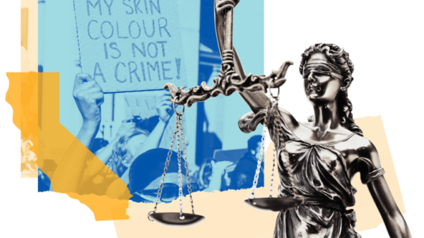 Graphics including of sign that says "My skin colour is not a crime", a justice statue, and the outline of the state of California.