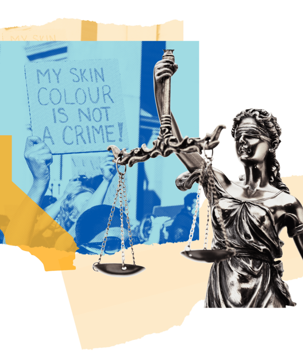 Graphics including of sign that says "My skin colour is not a crime", a justice statue, and the outline of the state of California.