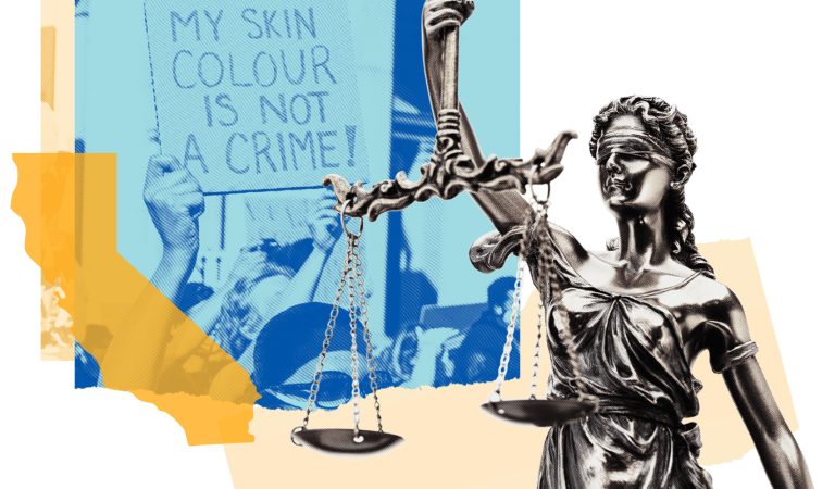 Graphics including of sign that says "My skin colour is not a crime", a justice statue, and the outline of the state of California.