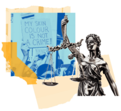 Graphics including of sign that says "My skin colour is not a crime", a justice statue, and the outline of the state of California.