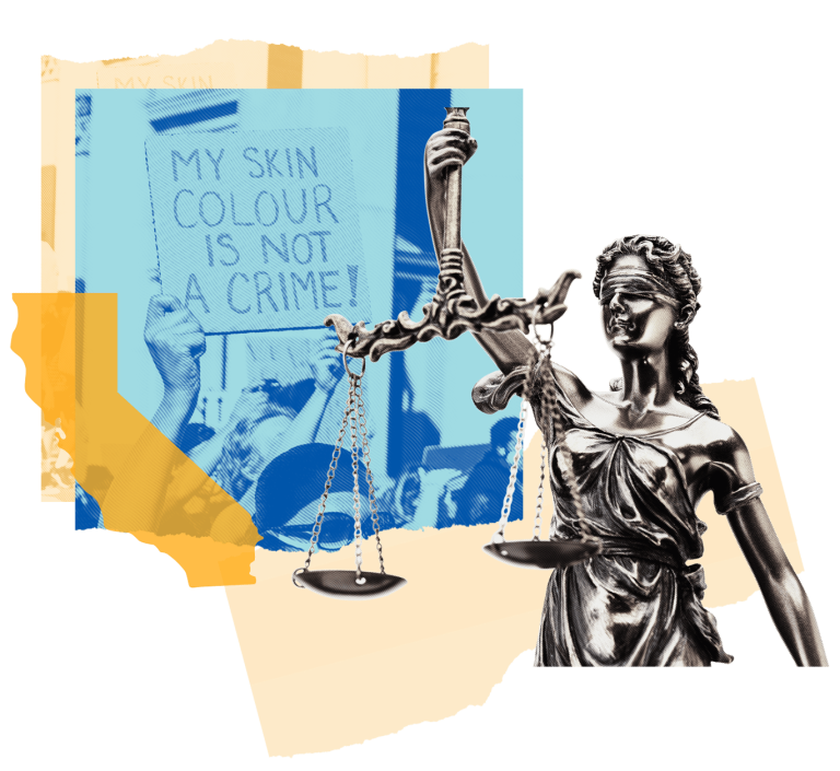 Graphics including of sign that says "My skin colour is not a crime", a justice statue, and the outline of the state of California.