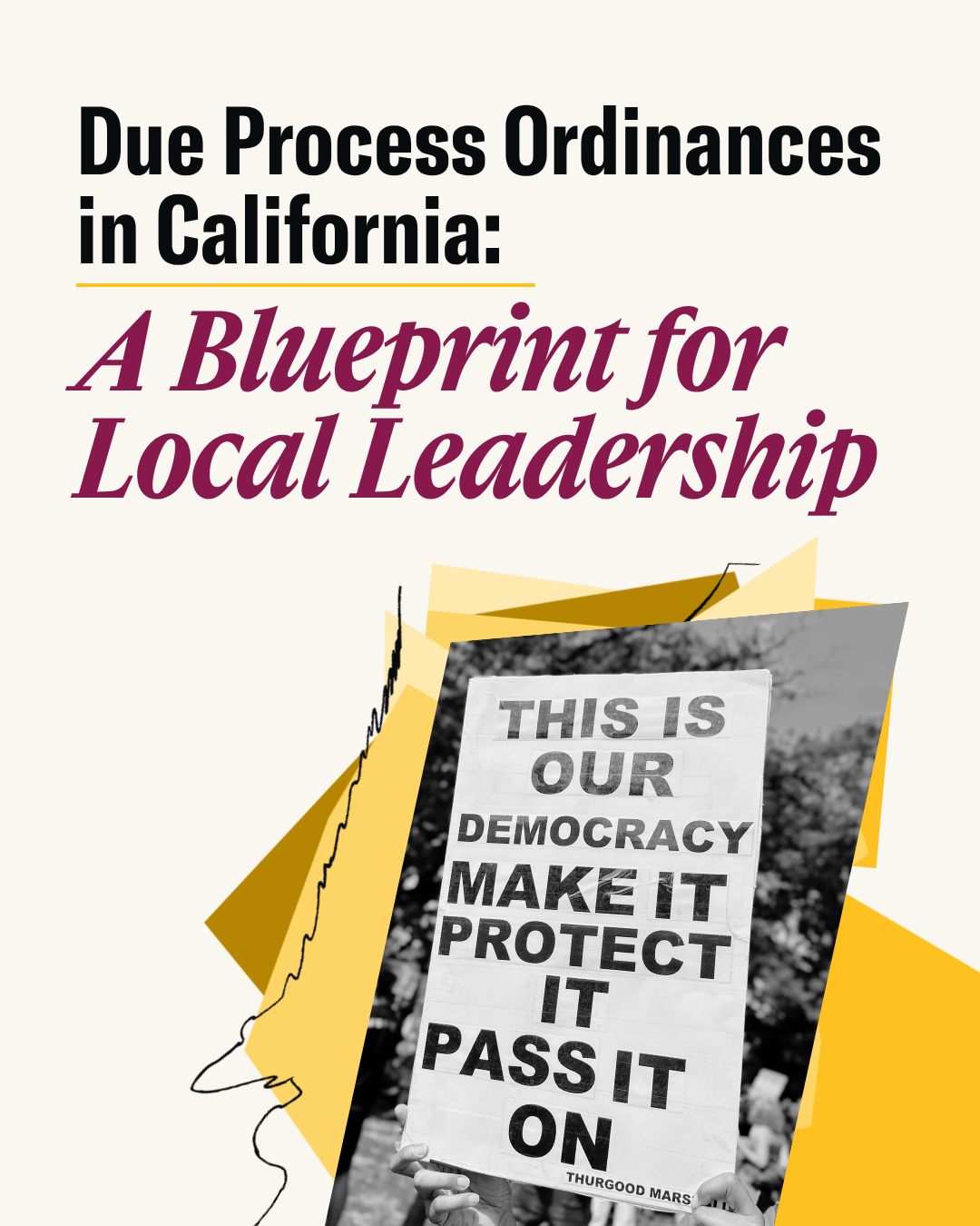Light yellow colored graphic that says in black text "Due Process Ordinances in California:" and under it in dark pink text it says "A Blueprint for Local Leadership." There is also a black and white photo of a sign that says "This is our democracy. Make it protect it pass it on."