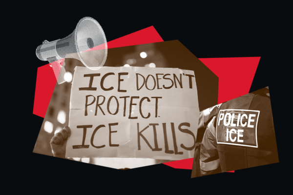 Graphic with black background and red graphic. Photos include a megaphone, a sign that says "ICE doesn't protect ICE kills" and a photo of "Police ICE".