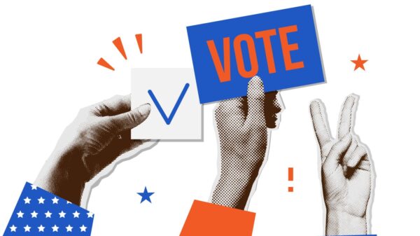 3 paper cut out hands- one holding a check box, one holding a card that says vote, one doing a peace sign
