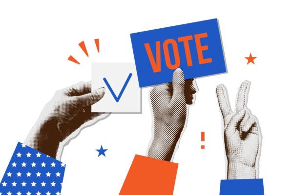 3 paper cut out hands- one holding a check box, one holding a card that says vote, one doing a peace sign