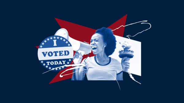 Graphic with navy blue background and red star shape in background. In front are an I Voted Today sticker, and a person talking through a megaphone and the liberty torch.