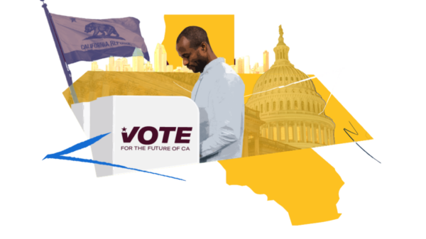 Image of person at a voting booth with the outline of California and the state capitol building in the background