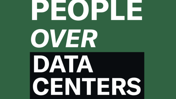 Dark Green background. In white text, "People over data centers". "Data Centers" has a black rectangle behind it.
