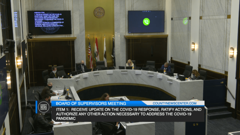 Screenshoot of The San Diego County Board of Supervisors with masks on conducting a virtual meeting