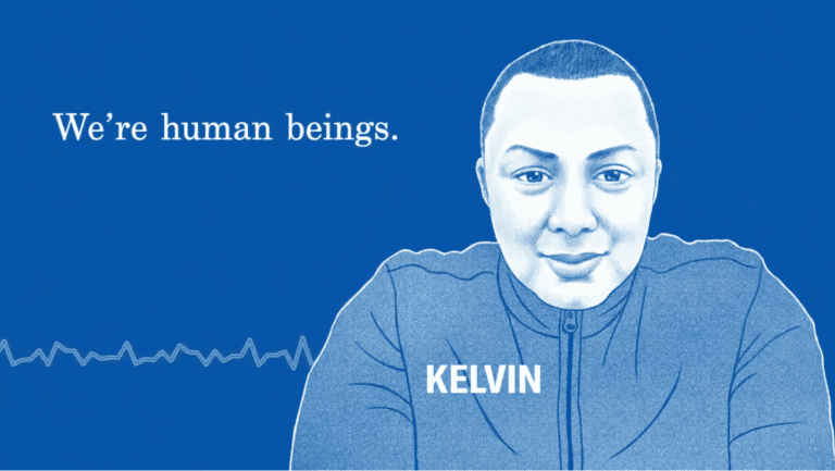 Screenshot of an ACLU Southern California YouTube Video with an illustration of Kelvin saying 'We're human beings.'