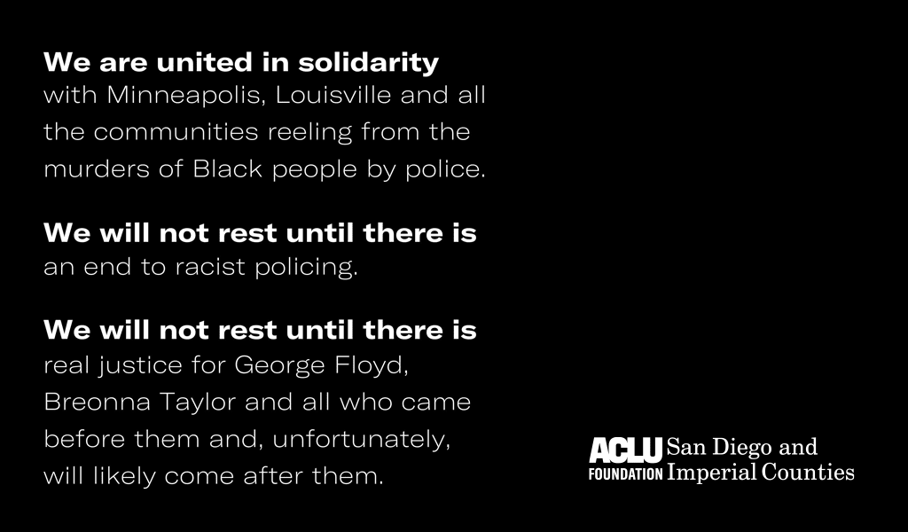 White text on a black background that reads: We are united in solidarity with Minneapolice, Louisville and all the communities reeling from the murders of Black people by police. We will not rest until there is an end to racist policing. We must not rest.