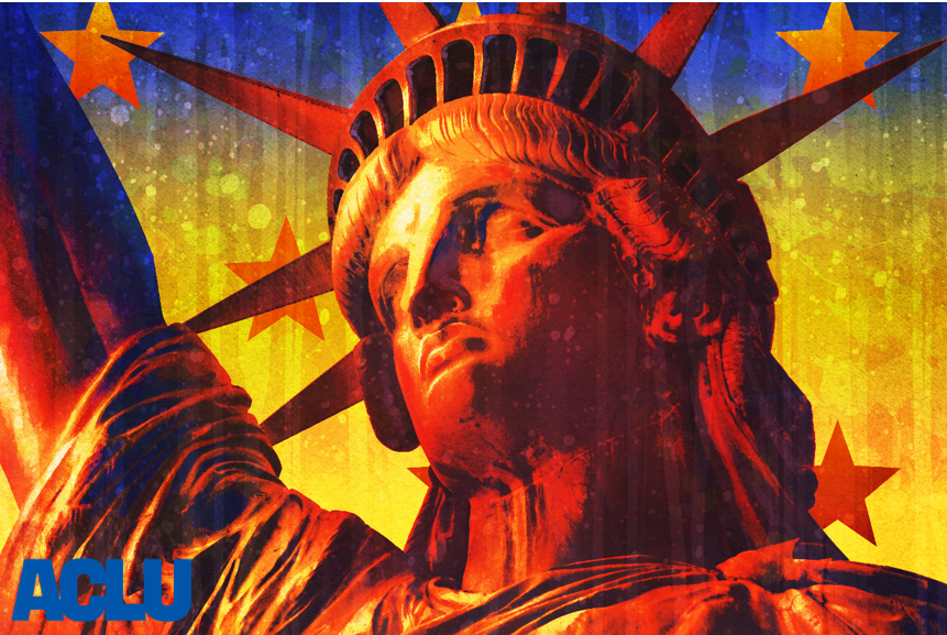 Colorful digital painting of The Statue of Liberty with a blue ACLU logo on the bottom left