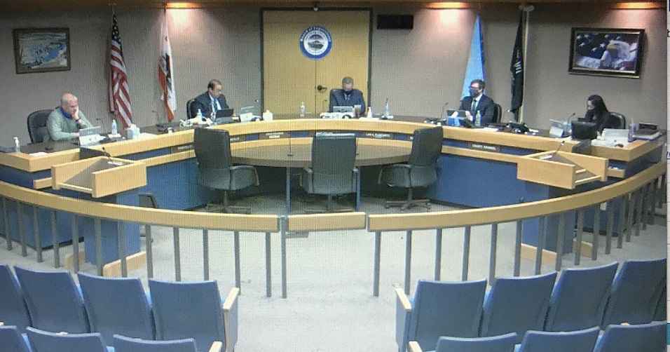 Screenshoot of The Imperial County Board of Supervisors with masks on conducting a virtual meeting