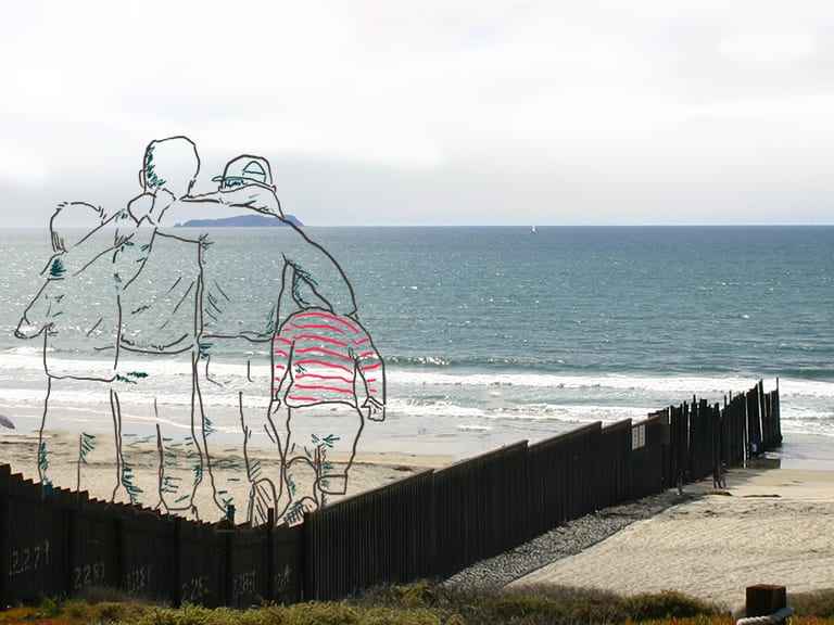 Sketch outline of four youth walking on the Mexico side of the border wall on the Pacific Ocean