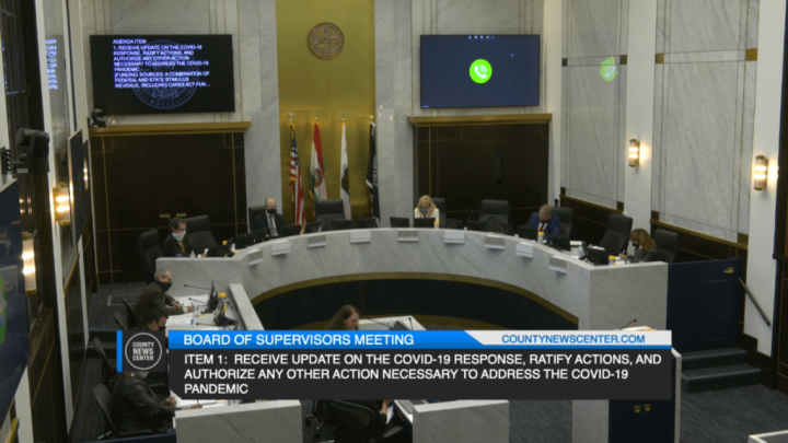 Screenshoot of The San Diego County Board of Supervisors with masks on conducting a virtual meeting