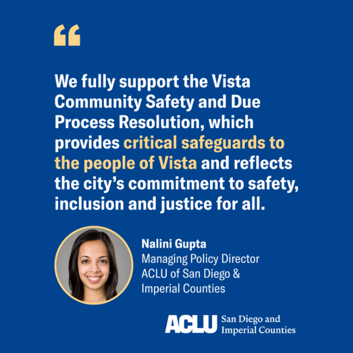 Quote in white text with blue background in support of Vista Community Safety and Due Process Resolution