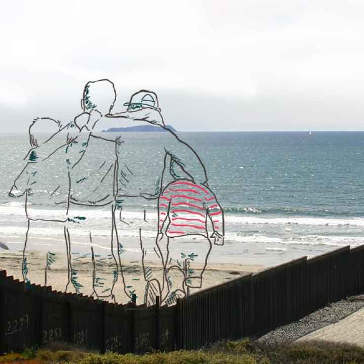 Sketch outline of four youth walking on the Mexico side of the border wall on the Pacific Ocean